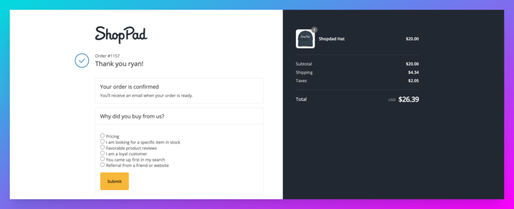 Shopify thank you page
