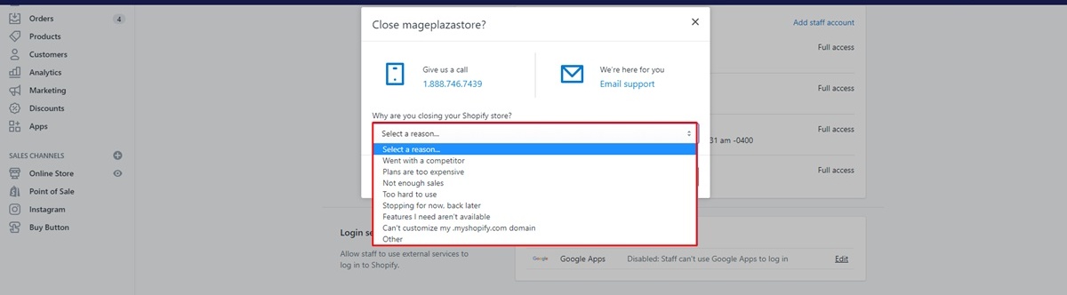 delete shopify account