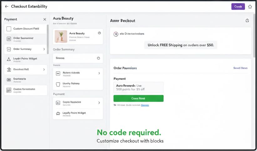 Demonstrating Shopify’s new Checkout Extensibility, showing how to customize the payment page without touching a single line of liquid code.
