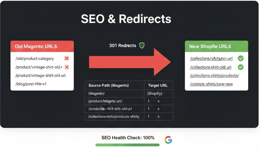 Setting up 301 redirects in Shopify to ensure zero loss in SEO rankings after moving from Magento.